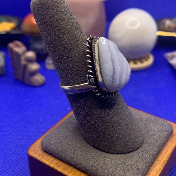 Comfort Curl ADJUSTABLE Dainty Genuine Blue Lace Agate Ring! .925 Silver Overlay - Picture 2 of 15